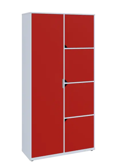 KSR6-82 L skříň šatní, 1x výsuvné ramínko, 4x dvířka, 2053x1022x400 mm, provedení levé, bílá sněžná/červená